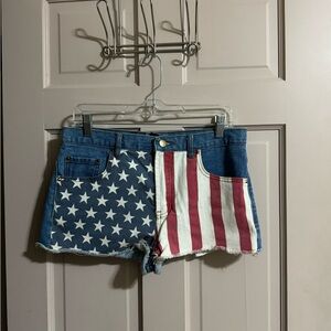 Forever 21 Womens American Flag Jean Shorts Size 28 Mid Rise Raw Hem Mini Shorts